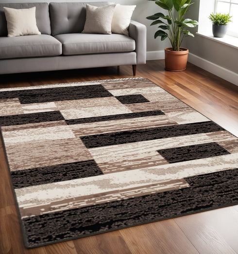 12' Black Brown And Beige Patchwork Runner Rug